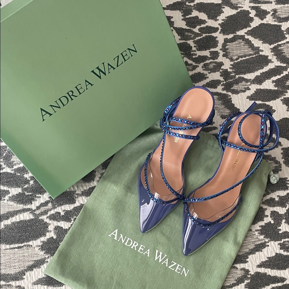Andrea Wazen Blue Strappy Women's Shoes Dassy Sunset 2 Ankle Wrap Pumps